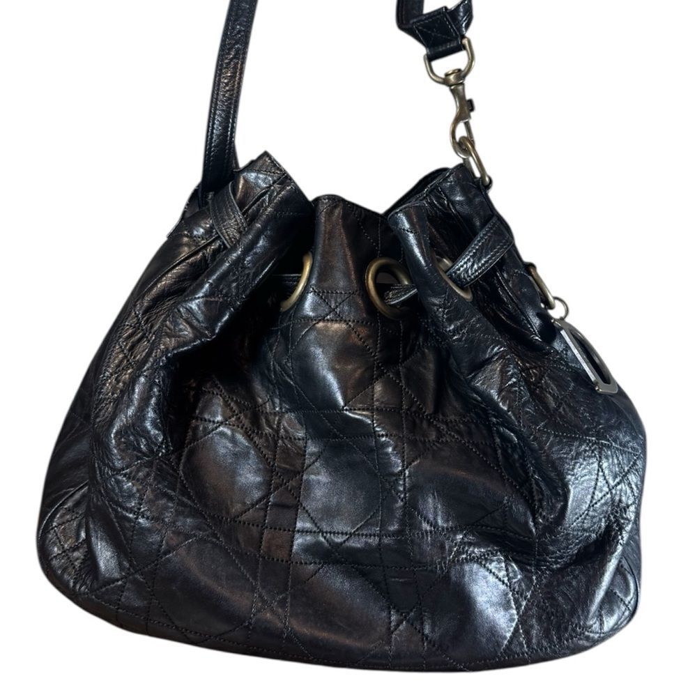 DIOR Black Quilted Cannage Leather Drawstring Hobo Bucket Shoulder Bag Auth Ex++